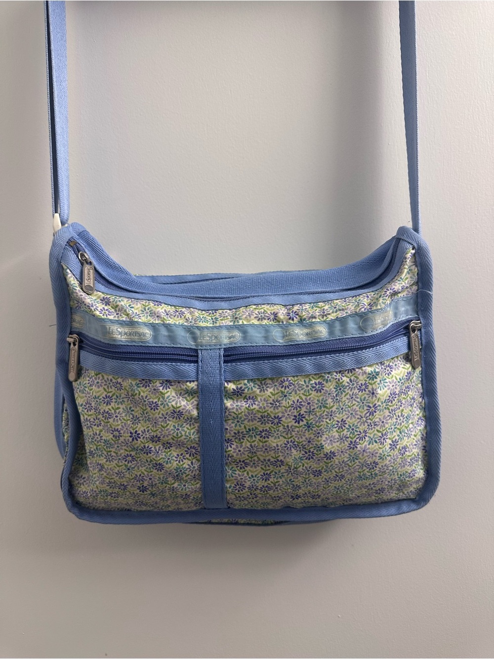 Lesportsac Light Blue Floral Crossbody Bag with Green & Purple Accents